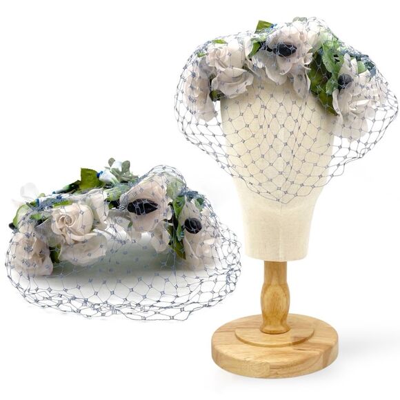 Vintage 1950s Le Cavalier Floral Hat w/ Veil White Roses Blue Accents Netting main image 4